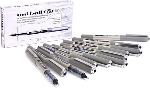 uni-ball UB-157 Eye Rollerball Pens. Premium Fine 0.7mm Ballpoint Tip for Super Smooth Handwriting, Drawing, Art, Crafts and Colouring. Fade and Water Resistant Liquid Uni Super Ink. Box of 12 Black