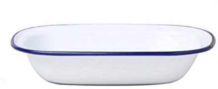 Dunlevy Enamel Oblong Pie Dish Roasting Tray, Heavy Gauge Steel with Porcelain Fused Coating, Dishwasher Safe, Freezer Safe, Oven Safe to 270°C, White with Blue Rim, 28 cm