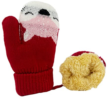 BEISIJIA Warme Strick-Fäustlinge für Kleinkinder, niedliche Cartoon-Handschuhe für den Winter, volle Fnger-Fäustlinge mit Schnur zum Aufhängen am Hals, für 1–4 Jahre Kinder Gr. One Size, rot