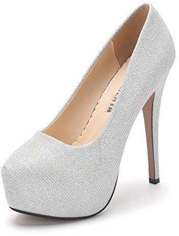 OCHENTA Women's Closed Toe Platform Slip On High Heels Dress Pumps Sparkly Wedding Bridal Shoes Glitter Silver 42 - US 9.5