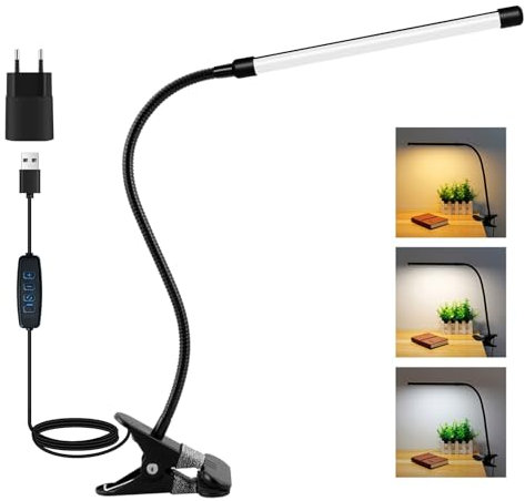 Akynite 8W Reading Lamp Clip On Bed, Flexible USB Desk Lamp with Cable, 3 Colour Changing & 10 Brightness, Bedside Reading Lamp, Clip Desk Light for Bedroom Office PC, Black