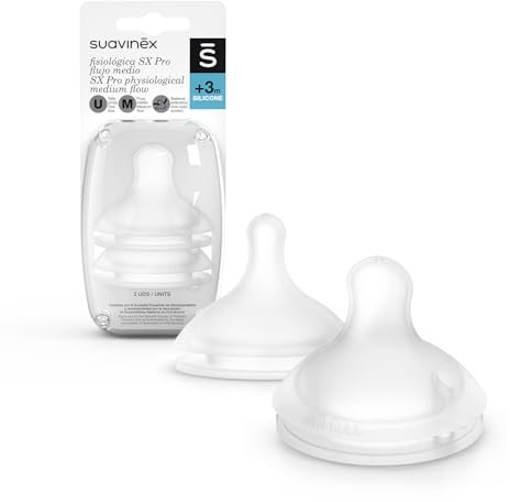 SUAVINEX Nuovo Pack 2 Tettarelle Fisiologiche SX Pro in Silicone Flusso Medio (M) Per Latte, Succo o Acqua Tettarella +3 Mesi. Con Sistema Anticolico, 2 pezzi, Trasparente