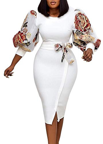 VERWIN Split Three-Quarter Sleeve Mid-Calf Round Neck Puff Sleeve Women's Dress Bodycon Dress Party Dress