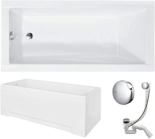 VBChome Badewanne 180x80 cm Acryl SET 3-Teilige Schürze Siphon Wanne Rechteck Weiß Design Modern Wannenfüßen Ablaufgarnitur Chrome Simplex