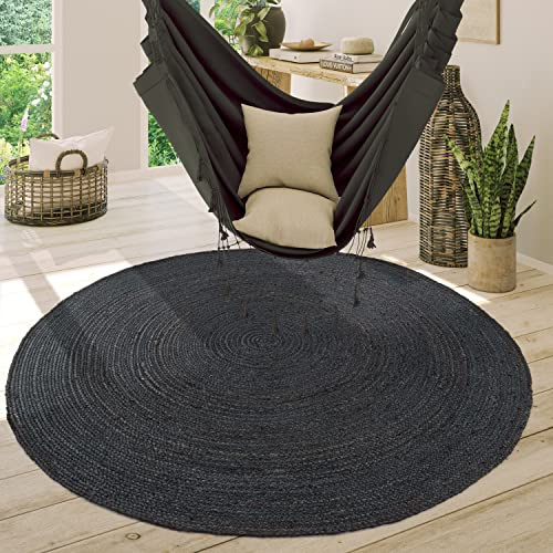 Paco Home Teppich Rund Wohnzimmer Jute Boho Ethno Muster Modern Handgefertigt Naturteppich, Grösse:Ø 100 cm Rund, Farbe:Anthrazit