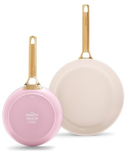 GreenPan Reserve Hard Anodized Healthy Ceramic Nonstick 20 cm and 26 cm Frying Pan Skillet Set, Gold Handle, PFAS-Free, Induction Suitable, Oven Safe, Blush Pink