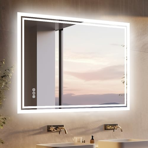LUVODI LED-badrumsspegel med bakgrundsbelysning: 90 x 70 cm, smart badrumsspegel med touch-strömbrytare anti-dimma, dimbar, 3 000 K 4500 K 6000 K – vertikal horisontell väggspegel