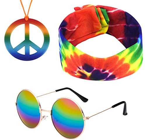 Karjiaja 3 Stücke Hippie Kostüm Set Hippie Accessoires mit 60er Jahre Retro Vintage Brille, Friedenszeichen Halskette Damen und Buntes Hippie Stirnband für 60er 70er 80er Party Verkleiden Zubehörset