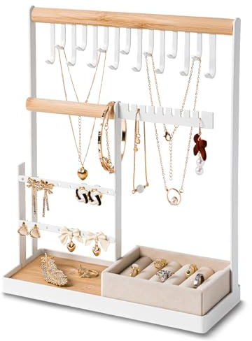 DreamGenius Jewelry Organizer Stand with Velvet Ring Holder, 4 Tier Jewelry Holder Organizer with 15 Hooks for Necklaces and 16 Holes for Earrings, White