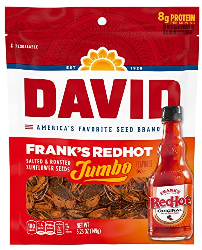 DAVID Jumbo Sunflower Seeds, Frank's RedHot Flavor, Easter Basket Stuffer for Baseball Players, 5.25 oz. (Pack of 12)