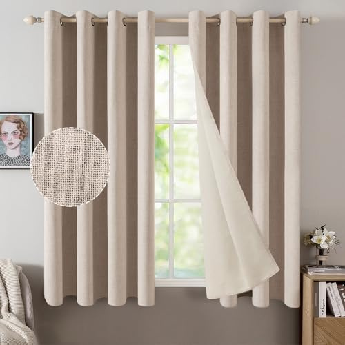 MIULEE Verdunklungsvorhänge mit Ösen, Leinenoptik Beige, 2er Set 145x140cm | Blickdichte Thermovorhänge mit Ösen, Leinenoptik, Wärmeisolierend & Kälteschutz für Wohnzimmer und Schlafzimmer