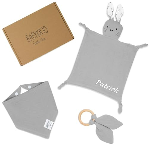 BABYKAJO Baby Geschenk personalisiert 3 Teilig – Schnuffeltuch mit Namen+ Beißring + Halstuch- Süßes Geschenke zur Geburt für Jungen und Mädchen!