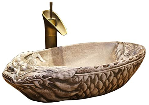 GNBOW Ausgussbecken Waschbecken mit Wasserhahn- und Abflusskombination, Retro-Waschbecken in Drachenform, Badezimmer über dem Waschbecken (Color : Beige, S : 59 * 36 * 14cm)