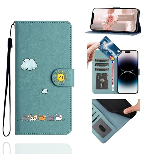 Jeffene Handyhülle für iPhone 12/12 Pro mit Kartenfach Klappbar,Grün | Schutzhülle mit Katzen-Motiv, Mit Lanyard, PU-Leder, Magnetverschluss, Stoßfest, 3 Kartenfächer, Ständer, Für Damen