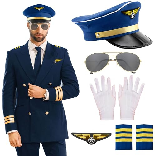 LaVenty Blue Airplane Captain Costume Airline Pilot Hat Accessories for Adults Teens Captain Party Cosplay Supplies Sunglasses