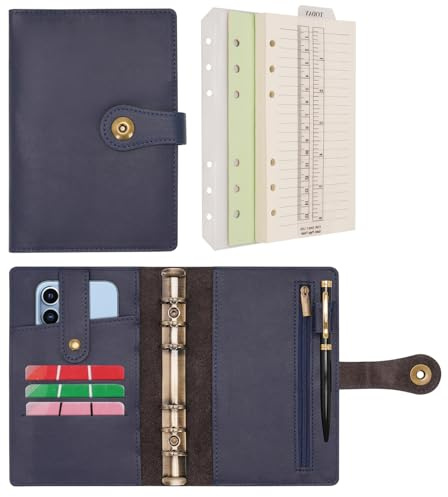 Wonderpool Ringbuch Notizbuch A6 Nachfüllbar Leder Tagebuch Organizer Binder Ordner mit Taschen Liniertes Papier Stift für Büro Schule Geschäft Reisen Planung Schreiben (Blau,A6)