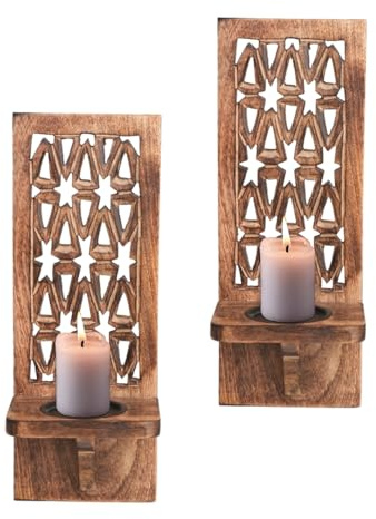 Handcrafted Wooden Wall Candle Sconces - Set of 2, 16 Inch Pillar Candle Holders, Decorative Wooden Wall Candle Sconces, Rustic Wooden Wall Candle Sconces Perfect for Christmas,New Year -Natural Burnt