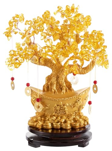 Citrine Money Tree Ornament, Feng Shui Citrine Money Tree Handcrafted Money Coin Tree, Fortune Tree Inviting Wealth and Blessings Decor with Base and Coin Decoration for Home Office Reception，(Medium)