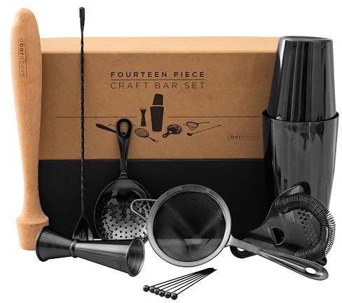 A BAR ABOVE Lot de 14 accessoires de bar noirs pour la maison – Kit de barman avec shaker Boston, doseur Boston, pilon, cuillère, passoire et médiators – Ensemble de barman