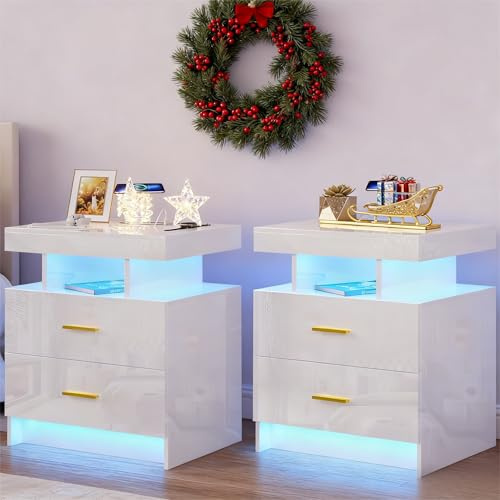Gurexl Set of 2 LED Bedside Table with Wireless Charging Station, White Bedroom Bedside Table with Smart Night Stand with 2 Drawers Modern Bedside Tables for Bedroom, Living Room