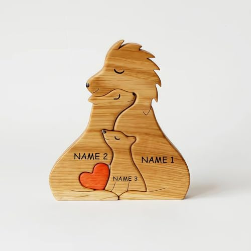 Drawelry Personalisiert Tier Kunstpuzzle Familien Namen Ornament, Holz Löwe Bär Wolf Figur Skulptur Puzzle Tischdekoration, Muttertag Vatertag Geburtstag Geschenk für Papa Mama Opa Oma (Löwe-A)