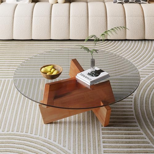 Table basse en verre du milieu du siècle, table centrale ronde avec base triangulaire en bois massif et dessus en verre trempé transparent, table de cocktail circulaire contemporaine pour salon,