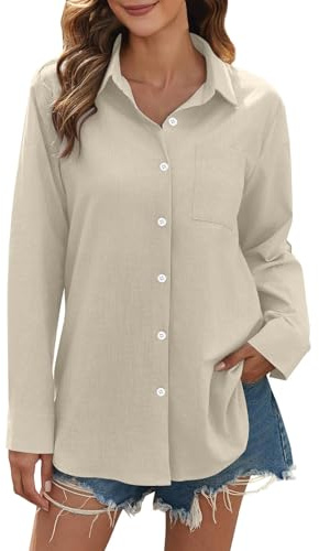 Linneblus damer sommar, sommarblusar damer lätt och luftig, linne bomull långärmad skjorta sommarskjortor elegant enfärgad linneskjorta button-down muslin blus strand linne topp, kaki, L