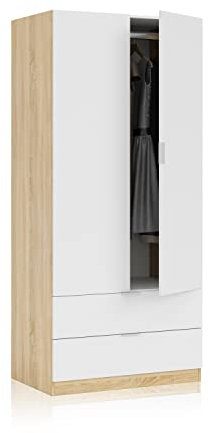 duehome | Armario de 2 Puertas y 2 cajones, Modelo Lark, Acabado en Color Blanco Artik y Roble Canadian, Medidas: 81 cm (Ancho) x 180 cm (Alto) x 52 cm (Fondo)