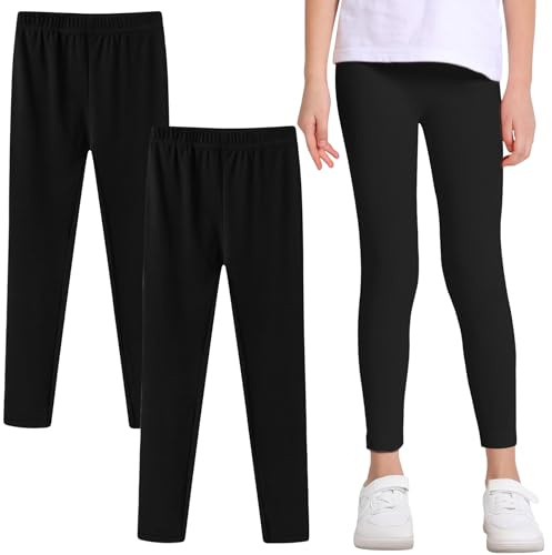 Domueay Leggings Bambina in Cotone, Pantaloni Lunghi Neri Traspirante Morbidi e Comodi per Bambine Tinta Unita Abbigliamento per Ragazze Sportive Danza Scuola, Confezione da 2, 6-7 Anni