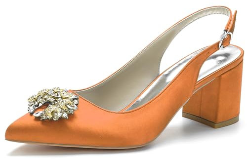 HFWXYSA Sandali Sposa Raso Scarpe Donna Punta Appuntito Cinturino Regolabile Sandali Tacco A Blocco 6 CM,Arancia,37 EU