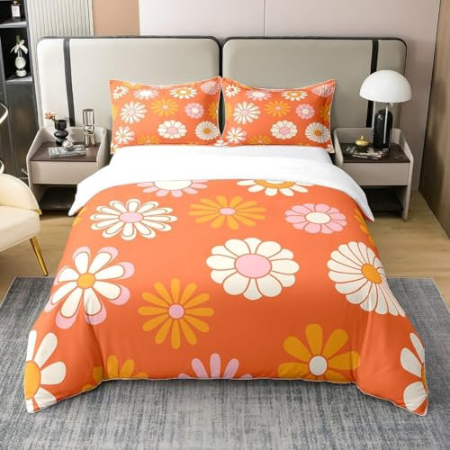 Loussiesd 60S 70S Groovy 100% Cotton Duvet Cover Retro Hippie Flower Bed Cover for Vintage Boho Plant Floral Bedding Cotton Quilt Cover Blossom Orange Double Bedding Set
