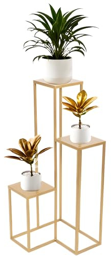 FRAMADO – Support de Plantes Elle Metal à 3 Niveaux en Métal l'or – 40x40x95cm – Étagère pour Fleurs d’Intérieur – Table Décorative – Porte-Pot – Accessoire Salon