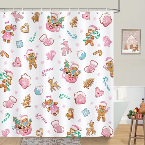 Bonhause Tenda Doccia Natale Pan di Zenzero Rosa Albero di Natale Fiocco di Neve Inverno Tende per Doccia in Poliestere Impermeabile Antimuffa Lavabile Tende Bagno 180 x 180 cm con 12 Ganci