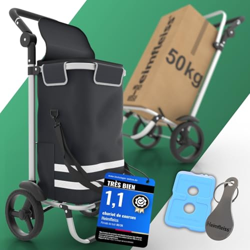 Heimfleiss® Chariot de Courses Pliable 56L | Caddie de Courses Pliant avec 50kg de Charge Utile | Sac de Courses Léger à roulettes | Chariot de Shopping XL avec Compartiment Isotherme | Noir