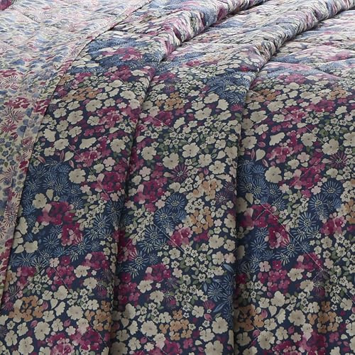 Dreams & Drapes Design Bessie Quilted Bedspread, Navy, 52% Recycled Polyester 48% Cotton, 200 x 230 cm, Floral Pattern, Reversible