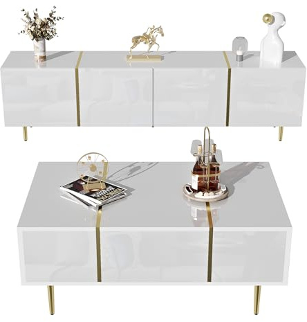 Generisch Moderner TV-Schrank mit Couchtisch Set in Hochglanz Weiß & Gold – 4 Türen, 2 Schubladen, Soft-Close, Staubsaugerroboterfreundlich, XL-Stauraum für Wohnzimmer