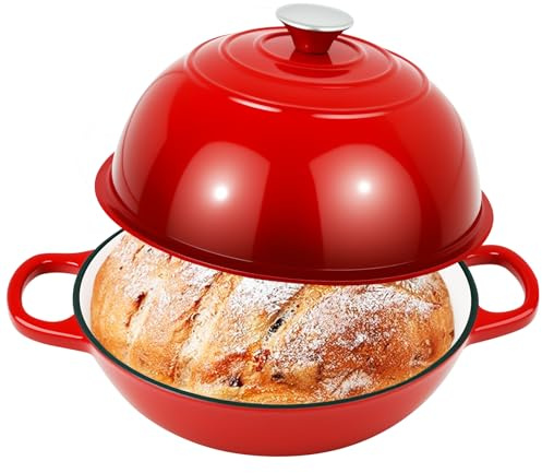Cacerola de hierro fundido para hornear, cacerola de esmalte con tapa y asas, olla para hornear pan con cesta de fermentación, olla de hierro fundido para cocina, hornear, estofar, asar