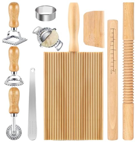 Wxeadu Pasta Making Tool Set, 10 PCS Pasta Making Kit, Pasta Cutter with Ravioli Cutter, Rolling Pin, Wooden Gnocchi Board, Ravioli Stamp Cutters, Dumpling Mold, Pasta Maker Set for Baking Lovers