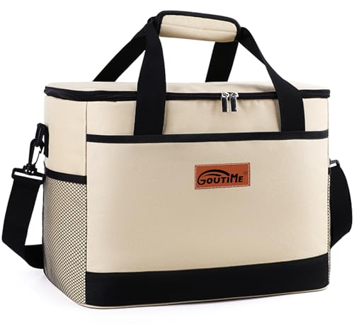 Goutime 26L Insulated Lunch Cool Bag, Waterproof Leakproof Tote (Beige) | Lightweight tote, ideal for camping, BBQ, travel and beach trips
