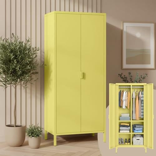 skølm Ituri Metallschrank, Kleiderschrank 80 cm breit, Gelb, mit 6 Fächern | 2 Kleiderstangen, Garderobenschrank, Schlafzimmerschrank im Industrial Style, Stahlschrank für Wohnzimmer & Büro, Flurschrank