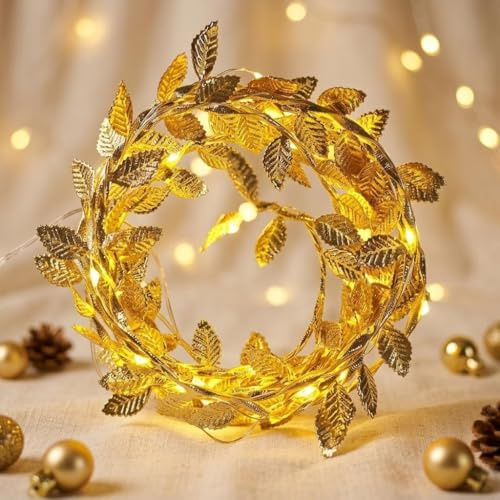 HHMTAKA 5M 50 LED Vines with Fairy Lights Battery Operated Ivy Fairy Lights Warm White Garland Light for Home Kitchen Garden Office Wedding Wall Decor (Gold)
