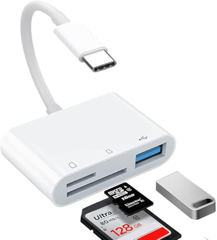SD Card Reader, 3-in-1 USB Camera Card Reader Adapter Compatible with iPhone 15-17, iPad/Mac Pro/Air,MacBook Pro/Air, Chromebook XPS, Galaxy and More Android USBC Devices