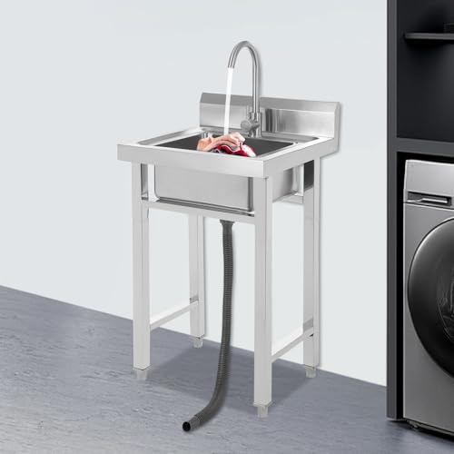 WFIETN Lavandino da cucina in acciaio inox, 50 x 50 x 93 cm, autoportante, bobina in acciaio inox, con collo d'oca ritorto a 360°, per interni ed esterni