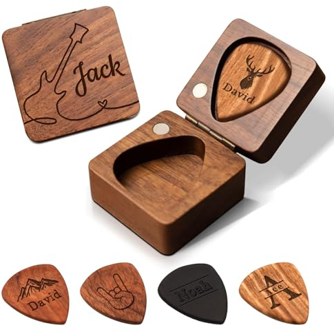 Individuell gestaltete Gitarrenplektrum-Box aus Holz mit gravierten Plektren, personalisiertes Plektrum-Etui und -Halter, Musikgeschenk für Gitarrenliebhaber, Geburtstags- oder Gegenwärtig für