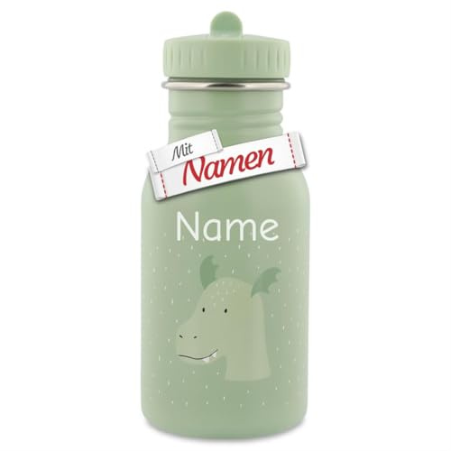 Trixie Kinder Trinkflasche mit Gravur, Drache Mr. Dragon, mit Namen graviert, Edelstahl 350 ml, spülmaschinenfest, für Kita Schule Reisen