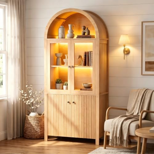 ROCSUMOO Küchenschrank Glasvitrine mit Beleuchtung, Vitrinenschrank Stehend | Vitrine Holz, Bücherregal Küchenbuffet mit Türen, verstellbaren Einlegeböden, für Küche Wohnzimmer Arbeitszimmer, 40x80x180cm