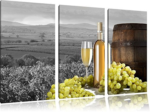Pixxprint Weinreben mit Weinflasche und Fass B&W, Leinwandbild 3 Teilig, Gesamtmaß: 120x80cm, Wandbild, Dekoration, fertig gespannt, Kein Poster