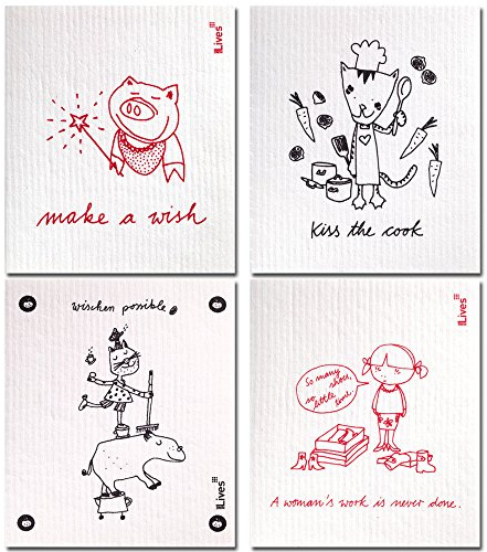 Ninelives Spültuch mit Spruch im 4er-Set | Make a Wish, Kiss The Cook etc. I Spültuch aus Baumwolle für Geschirr, Küche, Bad | Beige Topflappen | Schwamm, Putzlappen