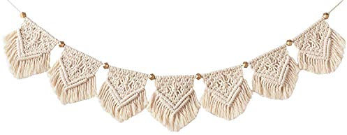 Mkouo Boho Deko Makramee Wandbehang Chic Tapisserie Gewebte Wanddeko Dekoration, 19cm (W) x 100cm (L), Baumwolle und Holz, Dreieckig, Beige