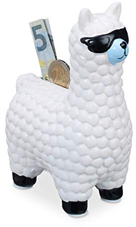 Relaxdays Lama Spardose, mit Sonnenbrille, Geschenkidee & Deko, Alpaka Sparbüchse aus Keramik, HBT 15,5 x 11 x 6cm, weiß